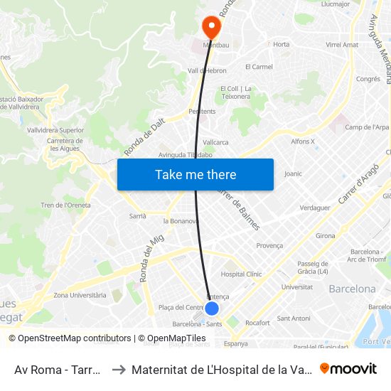 Av Roma - Tarragona to Maternitat de L'Hospital de la Vall Hebron map