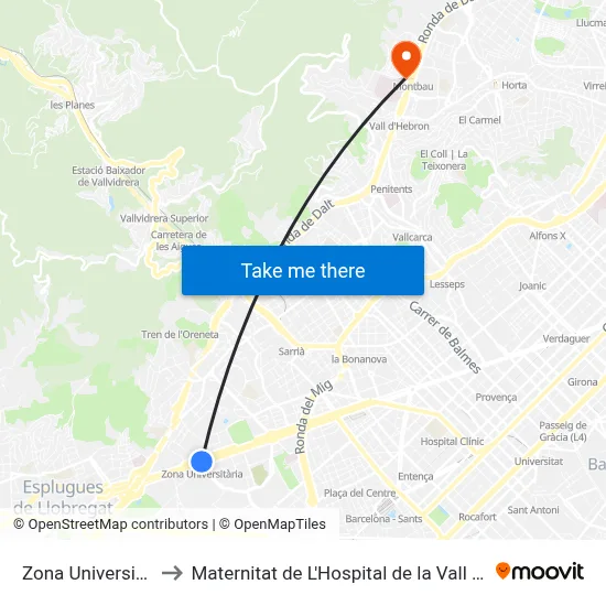 Zona Universitària to Maternitat de L'Hospital de la Vall Hebron map
