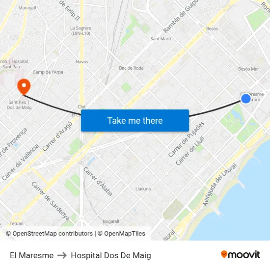 El Maresme to Hospital Dos De Maig map