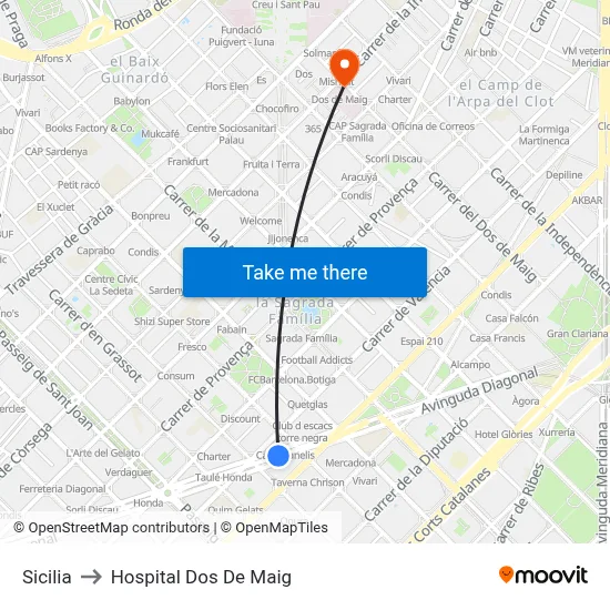Sicilia to Hospital Dos De Maig map
