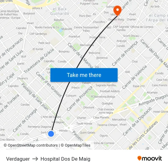 Verdaguer to Hospital Dos De Maig map