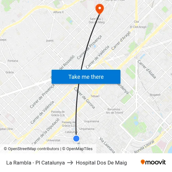 La Rambla - Pl Catalunya to Hospital Dos De Maig map
