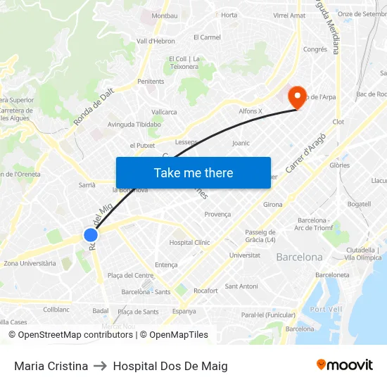 Maria Cristina to Hospital Dos De Maig map