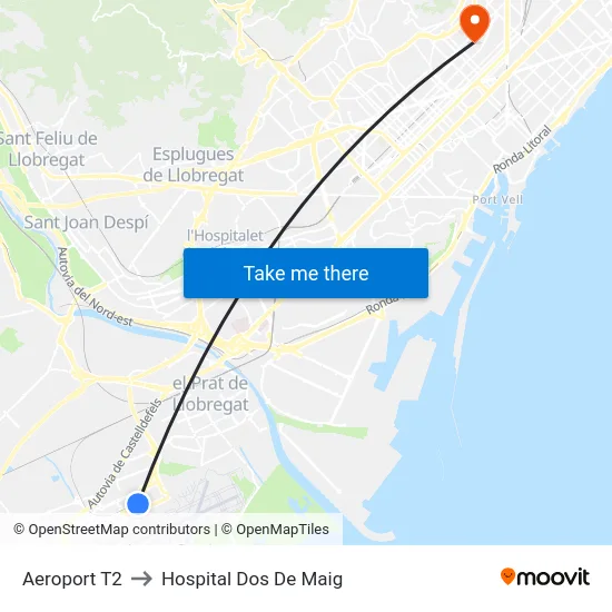 Aeroport T2 to Hospital Dos De Maig map