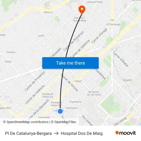 Pl De Catalunya-Bergara to Hospital Dos De Maig map