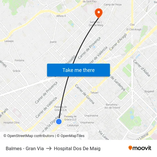 Balmes - Gran Via to Hospital Dos De Maig map