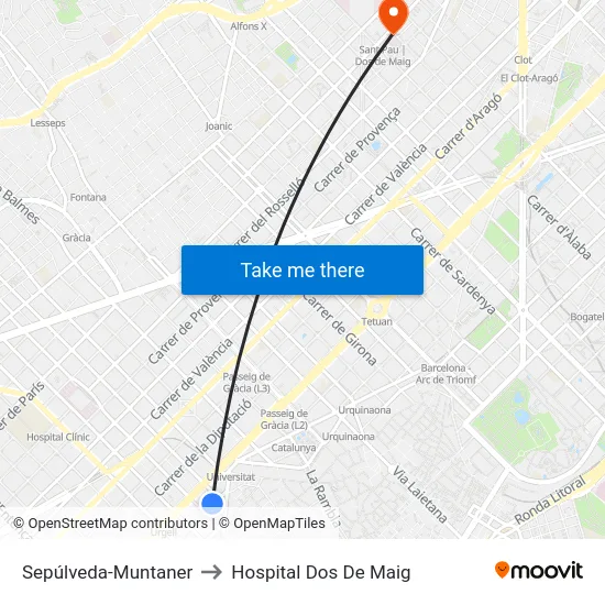 Sepúlveda-Muntaner to Hospital Dos De Maig map