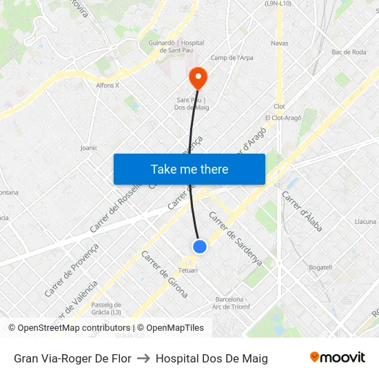 Gran Via-Roger De Flor to Hospital Dos De Maig map