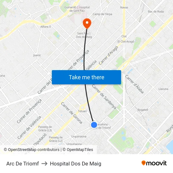 Arc De Triomf to Hospital Dos De Maig map