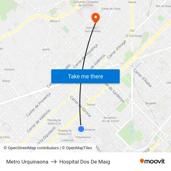 Metro Urquinaona to Hospital Dos De Maig map