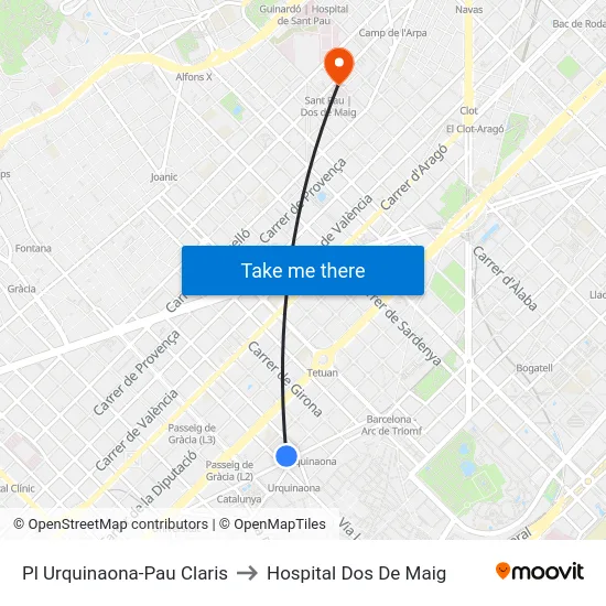 Pl Urquinaona-Pau Claris to Hospital Dos De Maig map