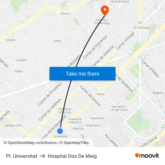 Pl. Universitat to Hospital Dos De Maig map