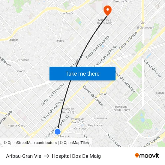 Aribau-Gran Via to Hospital Dos De Maig map