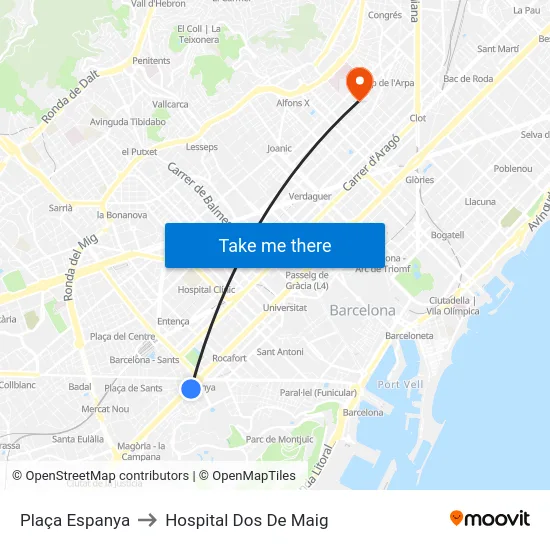 Plaça Espanya to Hospital Dos De Maig map