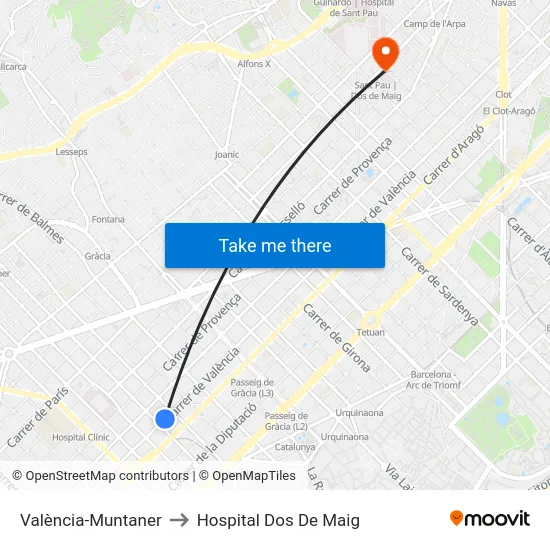 València-Muntaner to Hospital Dos De Maig map