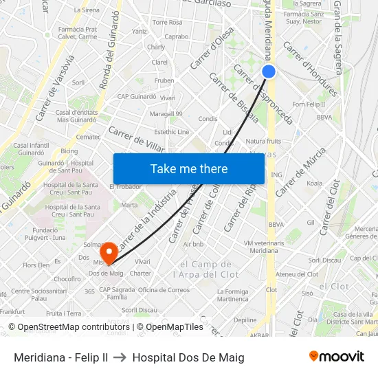 Meridiana - Felip Il to Hospital Dos De Maig map
