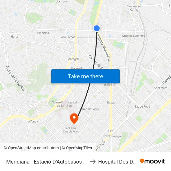 Meridiana - Estació D'Autobusos Fabra I Puig to Hospital Dos De Maig map