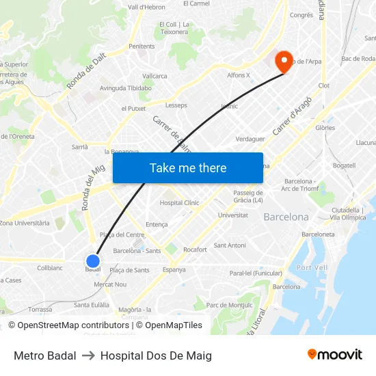 Metro Badal to Hospital Dos De Maig map