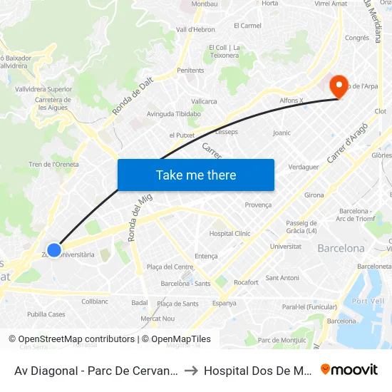 Av Diagonal - Parc De Cervantes to Hospital Dos De Maig map