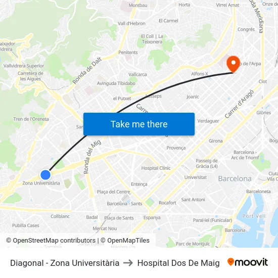 Diagonal - Zona Universitària to Hospital Dos De Maig map
