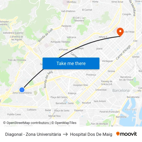 Diagonal - Zona Universitària to Hospital Dos De Maig map