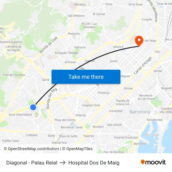 Diagonal - Palau Reial to Hospital Dos De Maig map