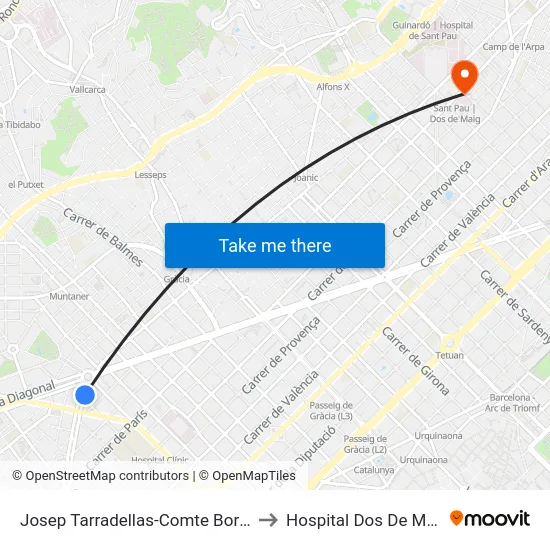 Josep Tarradellas-Comte Borrell to Hospital Dos De Maig map