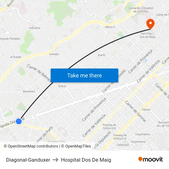 Diagonal-Ganduxer to Hospital Dos De Maig map