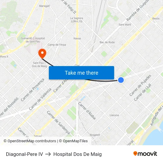 Diagonal-Pere IV to Hospital Dos De Maig map