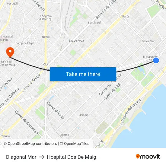 Diagonal Mar to Hospital Dos De Maig map