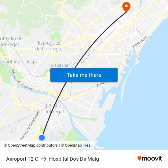 Aeroport T2-C to Hospital Dos De Maig map
