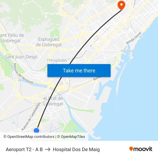 Aeroport T2 - A B to Hospital Dos De Maig map