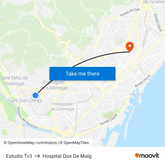 Estudis Tv3 to Hospital Dos De Maig map