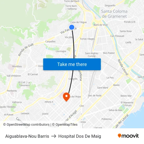 Aiguablava-Nou Barris to Hospital Dos De Maig map