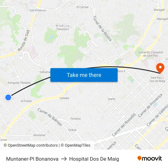 Muntaner-Pl Bonanova to Hospital Dos De Maig map