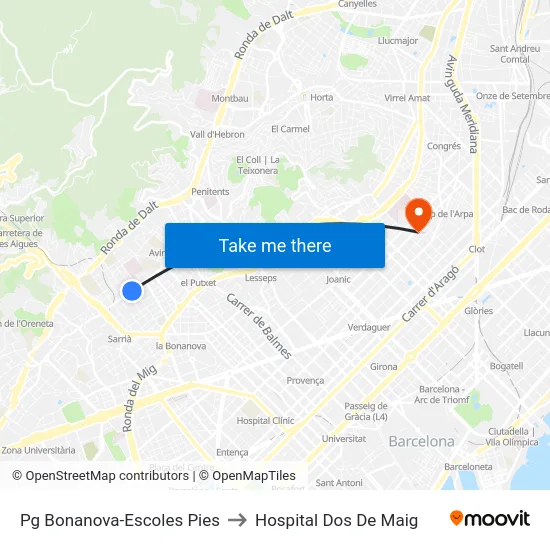 Pg Bonanova-Escoles Pies to Hospital Dos De Maig map