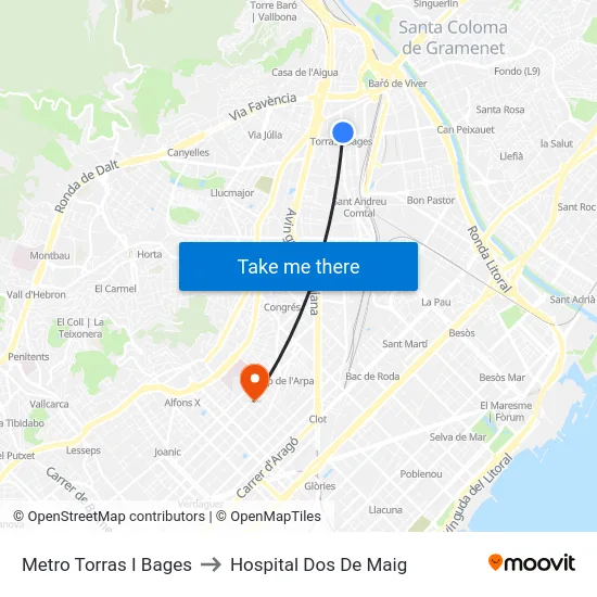 Metro Torras I Bages to Hospital Dos De Maig map