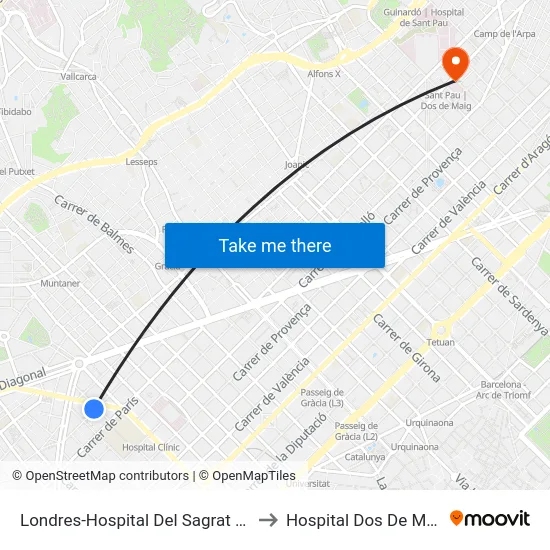 Londres-Hospital Del Sagrat Cor to Hospital Dos De Maig map