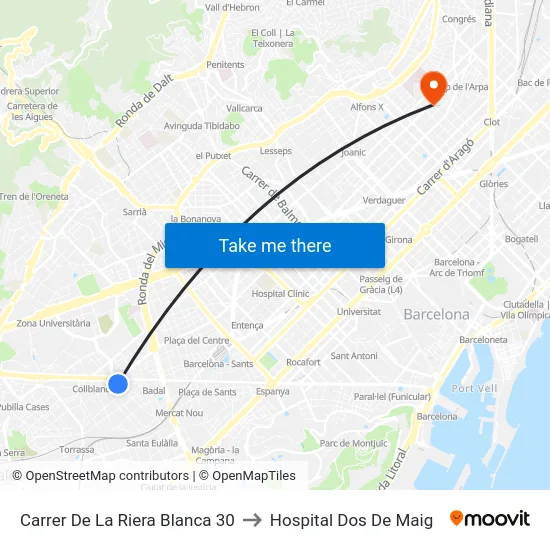 Carrer De La Riera Blanca 30 to Hospital Dos De Maig map