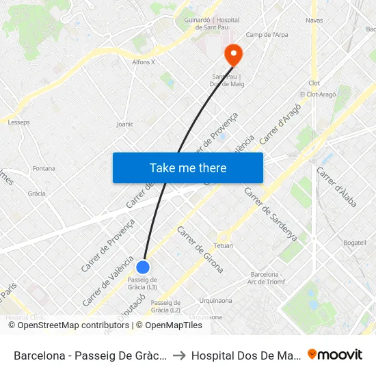 Barcelona - Passeig De Gràcia to Hospital Dos De Maig map