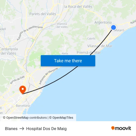 Blanes to Hospital Dos De Maig map
