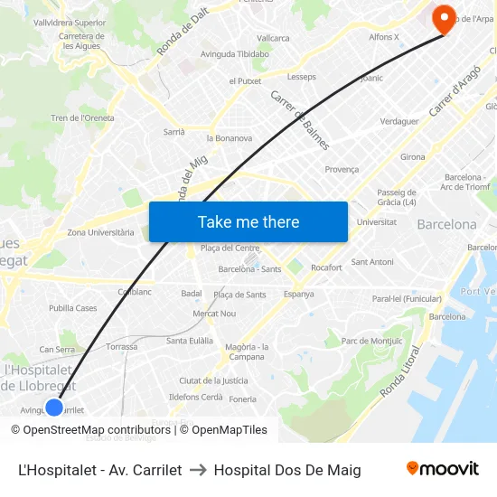 L'Hospitalet - Av. Carrilet to Hospital Dos De Maig map