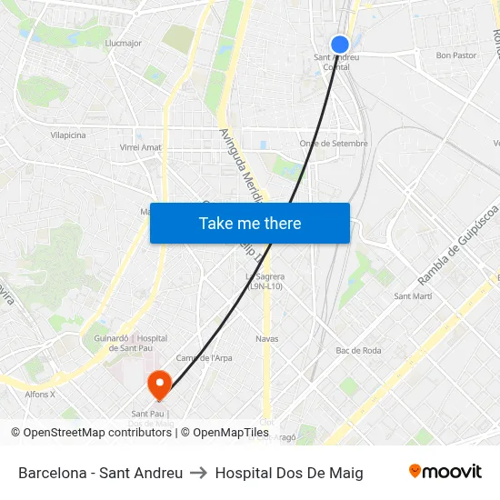 Barcelona - Sant Andreu to Hospital Dos De Maig map