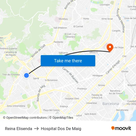 Reina Elisenda to Hospital Dos De Maig map