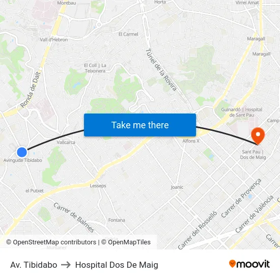 Av. Tibidabo to Hospital Dos De Maig map