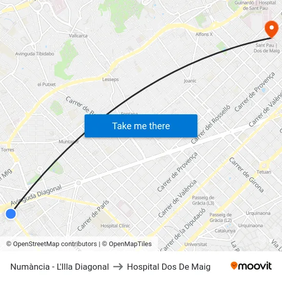 Numància - L'Illa Diagonal to Hospital Dos De Maig map