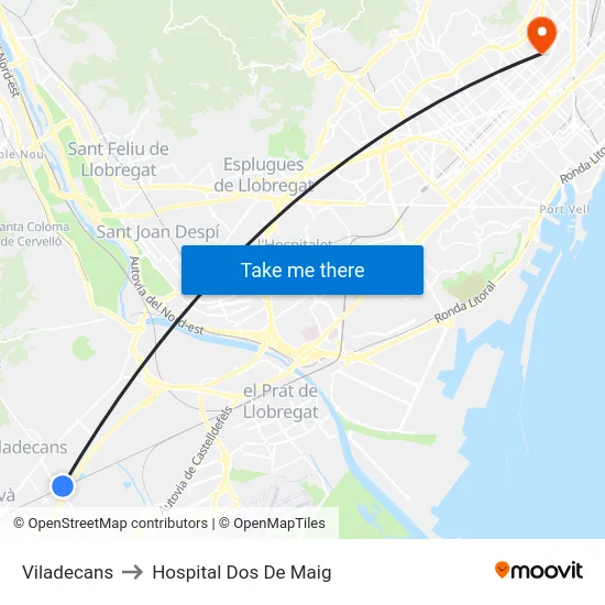 Viladecans to Hospital Dos De Maig map