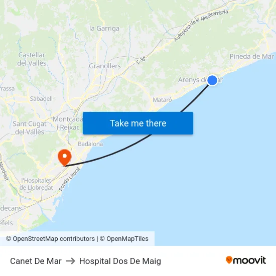 Canet De Mar to Hospital Dos De Maig map