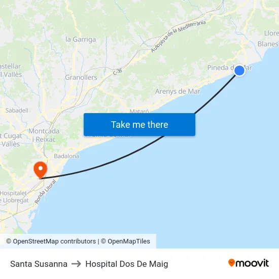 Santa Susanna to Hospital Dos De Maig map
