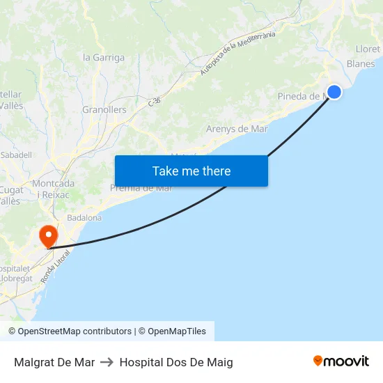 Malgrat De Mar to Hospital Dos De Maig map